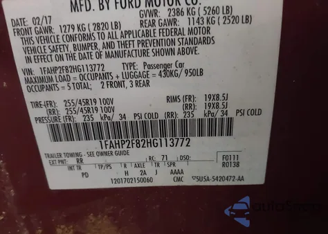 2017 Ford Taurus Limited z USA, uszkodzony, nr VIN 1FAHP2F82HG113772